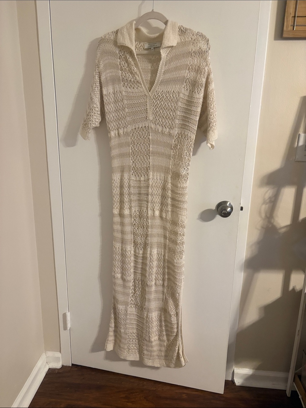 Cream Open-Knit Maxi Swim Coverup with V-Neck Collar